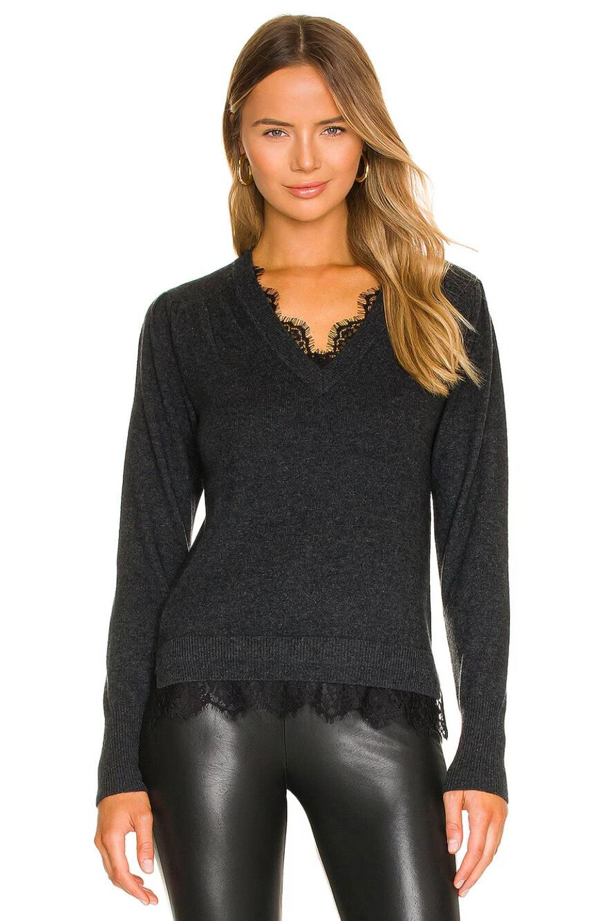 Brochu Walker Marcella Charcoal Gray Lace Wool Cashmere V Neck Sweater Large